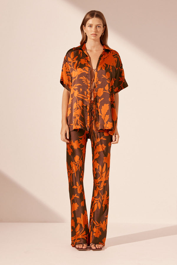 FLORA SILK SHORT SLEEVE RELAXED SHIRT WITH TIES_F