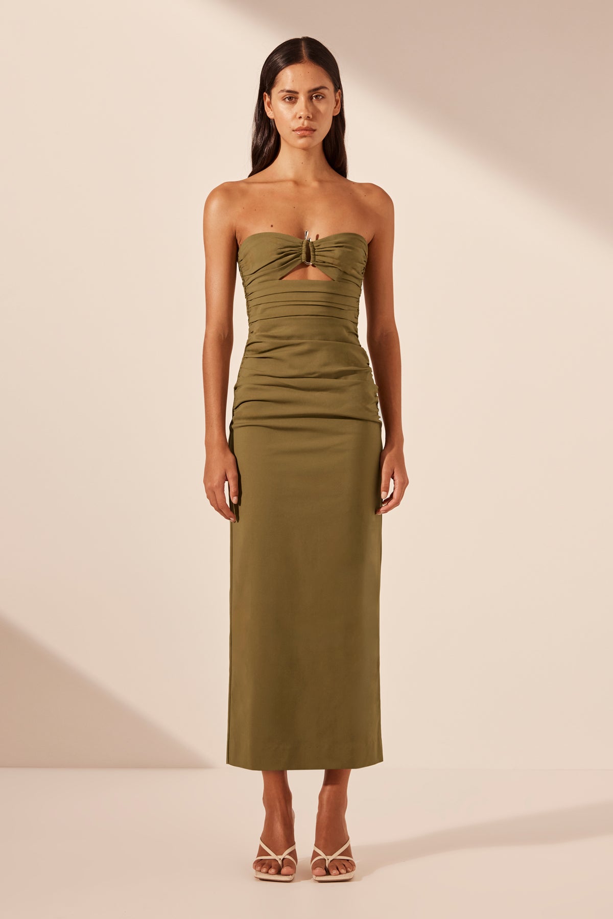 Lani Strapless Gathered Midi Dress Army Green Dresses Shona Joy