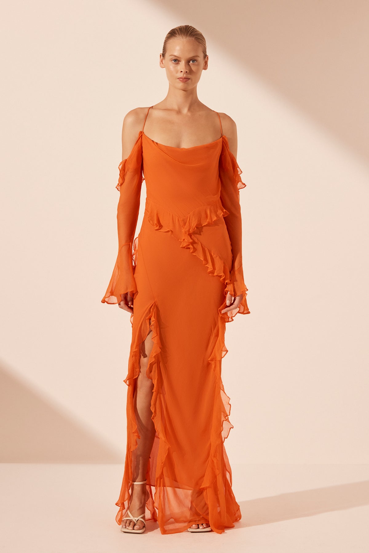 LAYLA LONG SLEEVE RUFFLE MAXI DRESS FLAME ORANGE DRESSES SHONA JOY Shona Joy