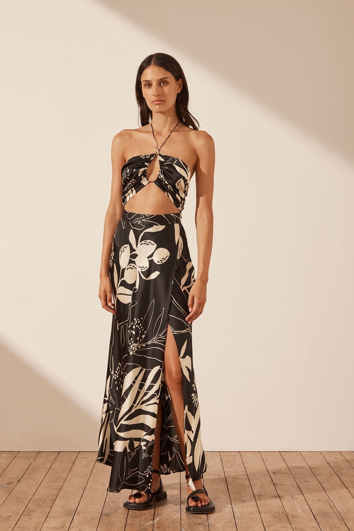 Capri Silk Cross Front Cut Out Midi Dress Black Cream Dresses