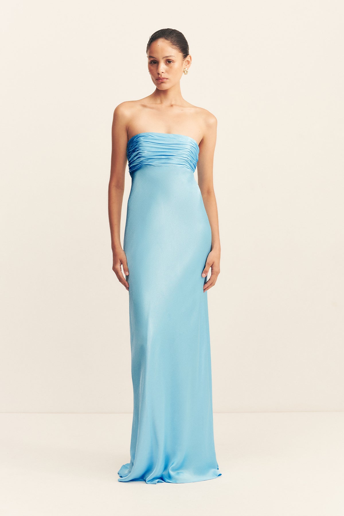 light blue strapless dress long La Lune Ruched Bodice Maxi | Iceberg | Dresses `24 (7XL) Amal Clooney Does Date COLOR:Olive/Gold