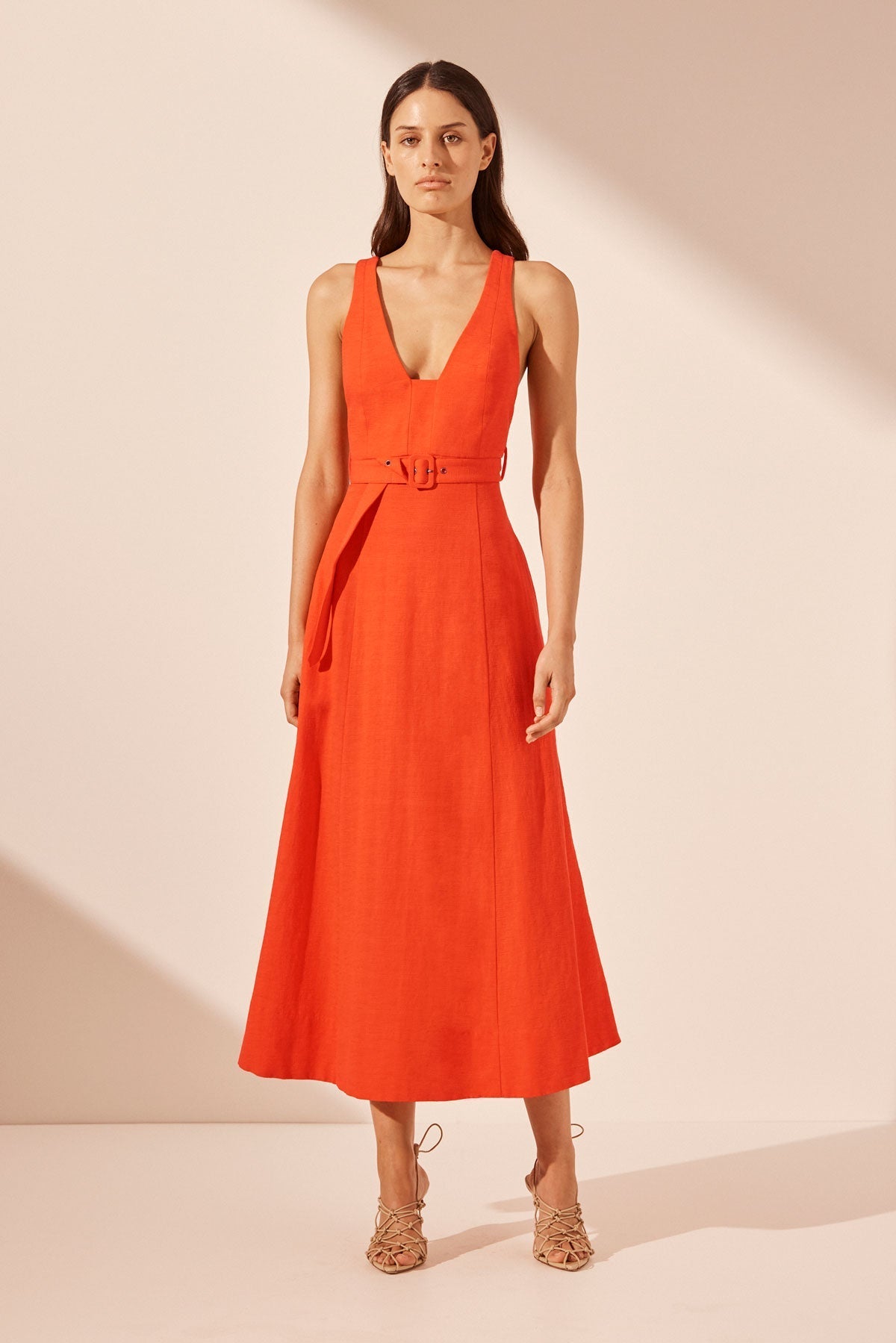 Cecilia Plunged Panelled Midi Dress | Hibiscus | Dresses | Shona Joy
