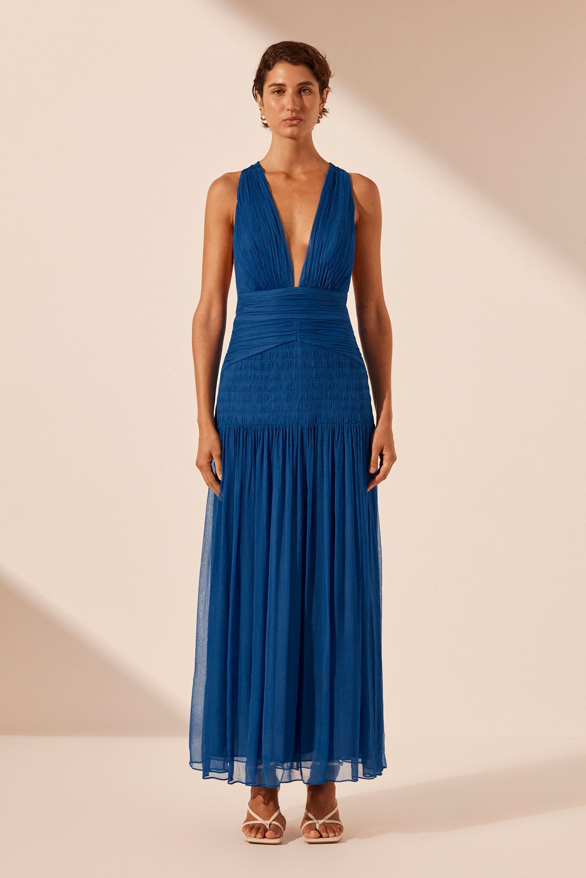 Maya Plunged Tie Back Midi Dress Strong Blue Dresses Shona Joy