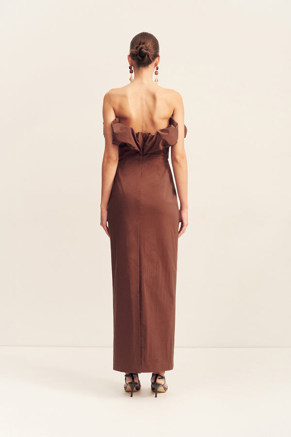 CAMPBELL STRAPLESS BUBBLE MAXI DRESS - ESPRESSO