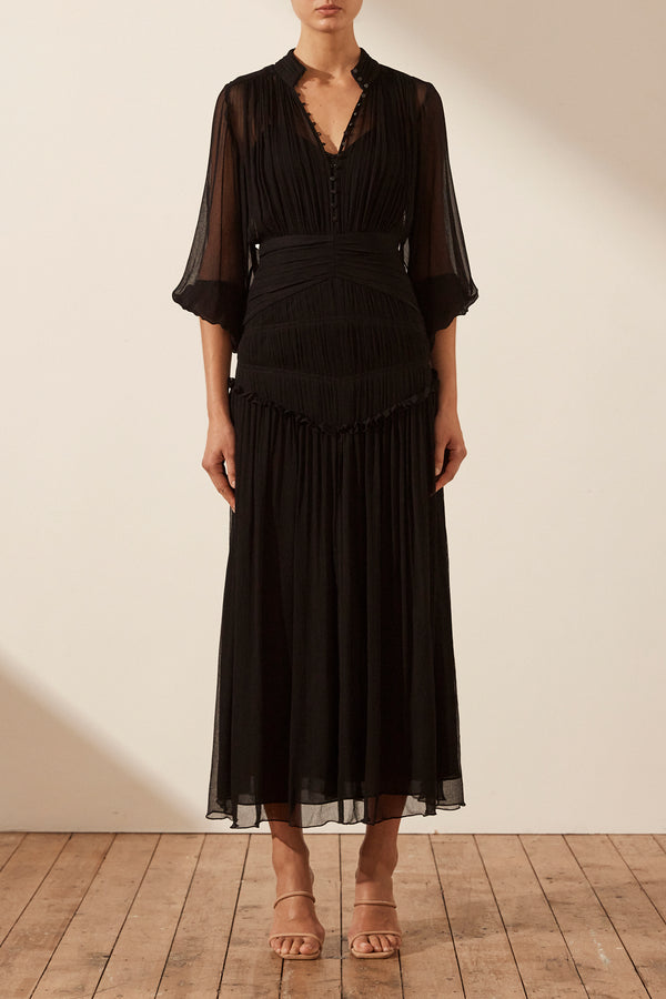 SAFIRA BUTTON UP RUCHED MIDI DRESS - BLACK_F