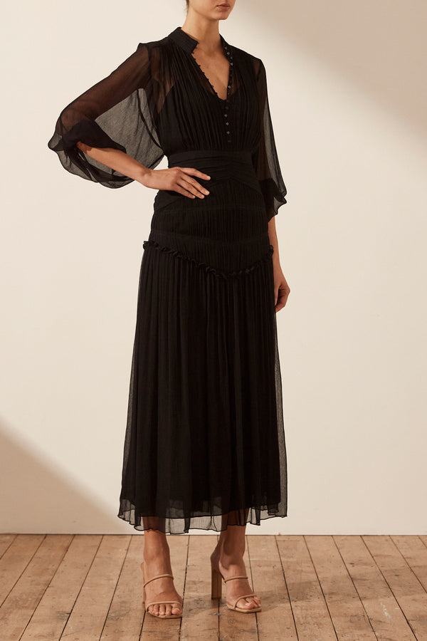 SAFIRA BUTTON UP RUCHED MIDI DRESS - BLACK