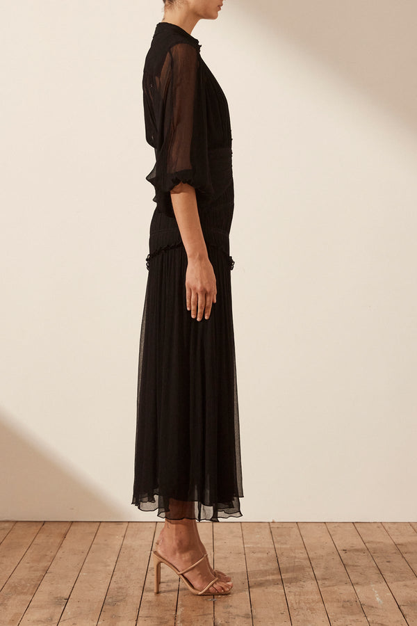 SAFIRA BUTTON UP RUCHED MIDI DRESS - BLACK_S