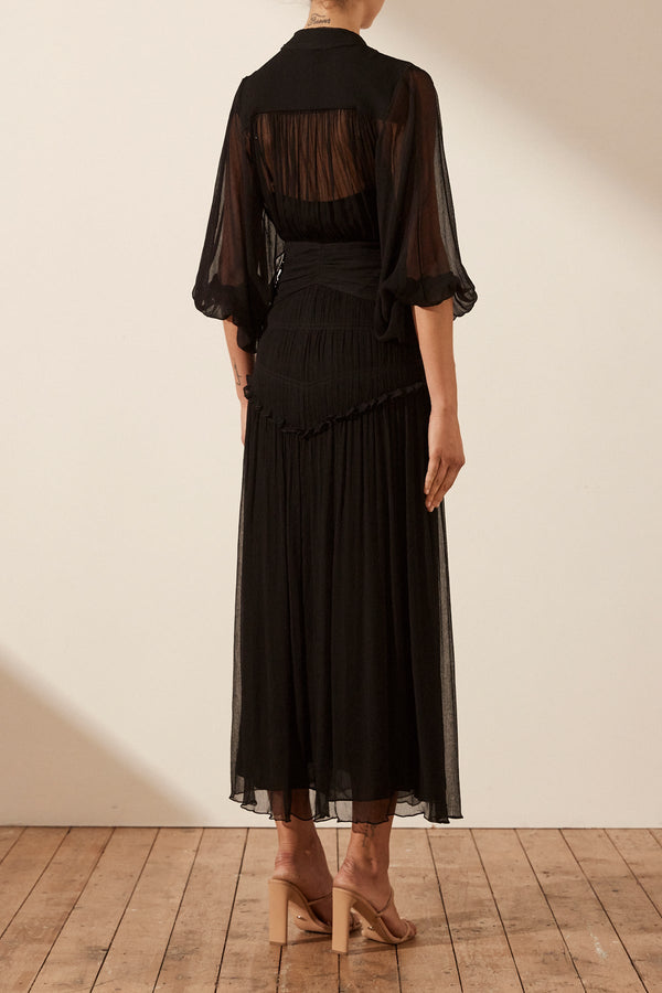 SAFIRA BUTTON UP RUCHED MIDI DRESS - BLACK_B