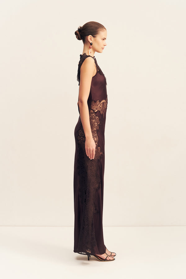 JAMILA LACE HIGH NECK MAXI DRESS - ESPRESSO