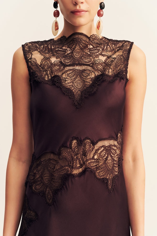 JAMILA LACE HIGH NECK MAXI DRESS - ESPRESSO