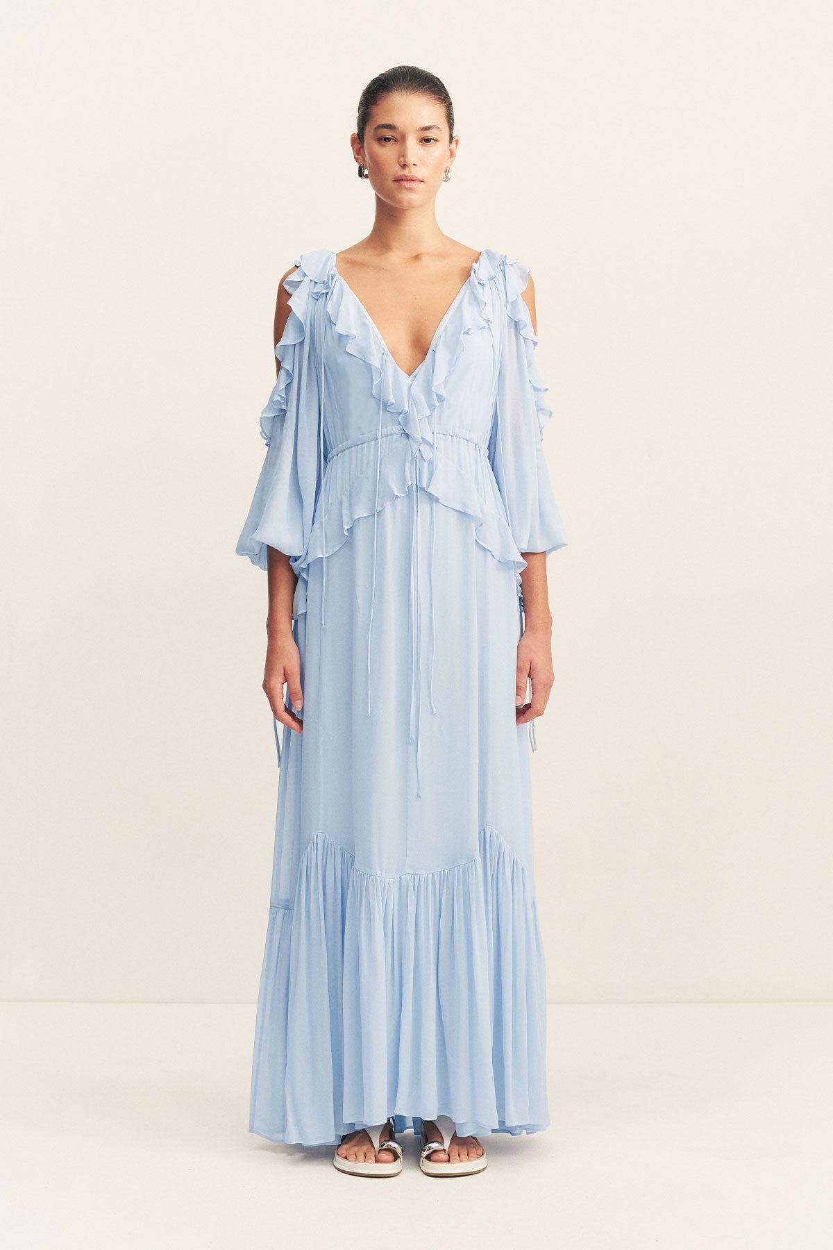 Emory Ruffle Drawstring Maxi Dress | Arcadian Blue | Dresses