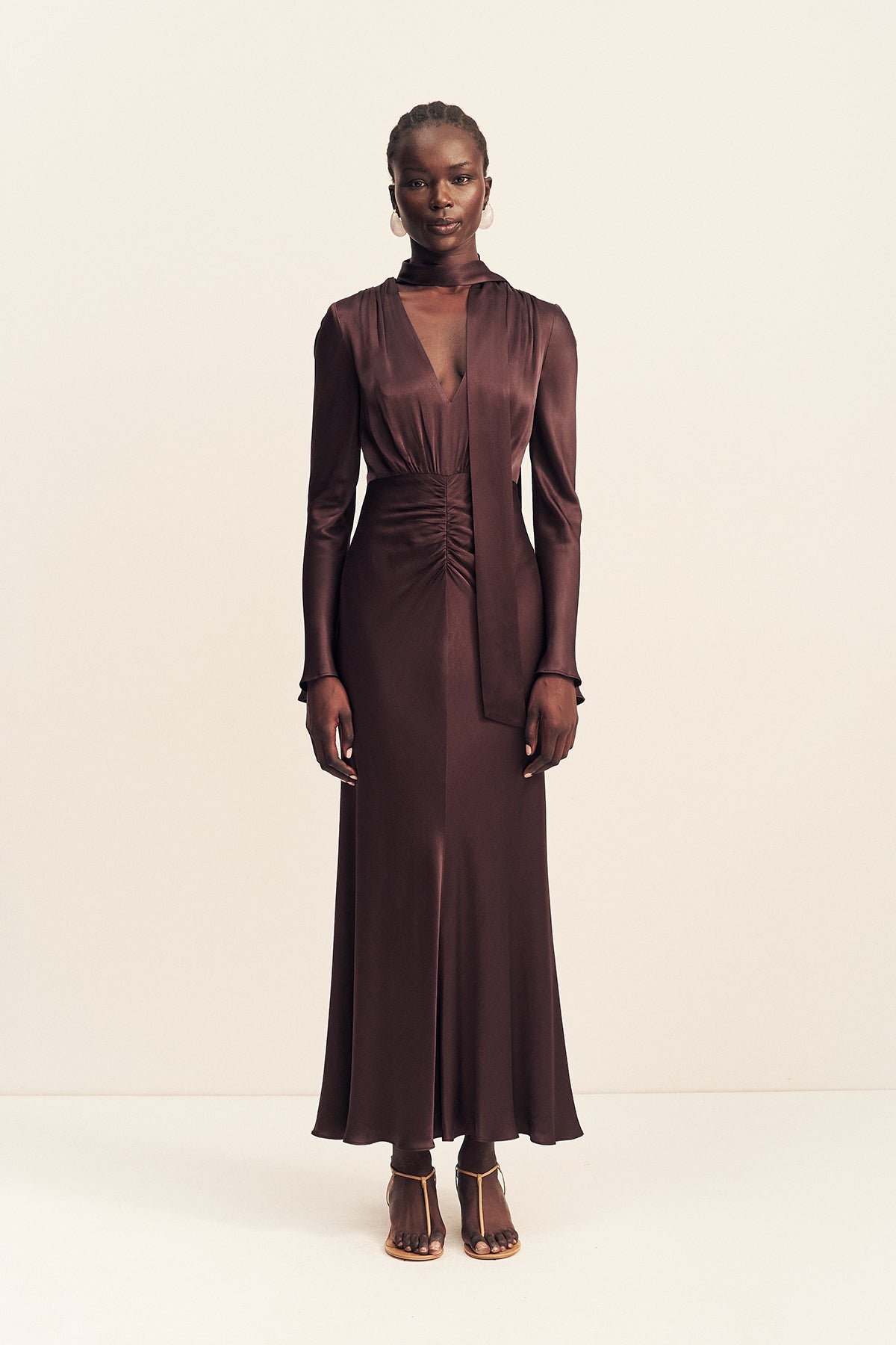 La Lune Plunged Long Sleeve Maxi Dress | Espresso | Dresses