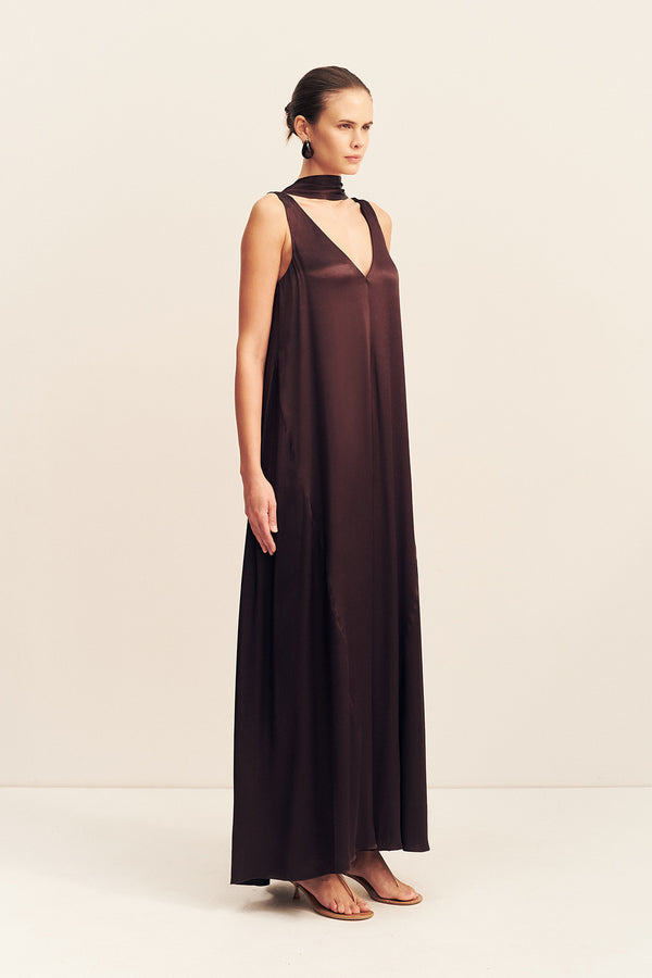 LA LUNE SCARF PANELLED MAXI DRESS - ESPRESSO