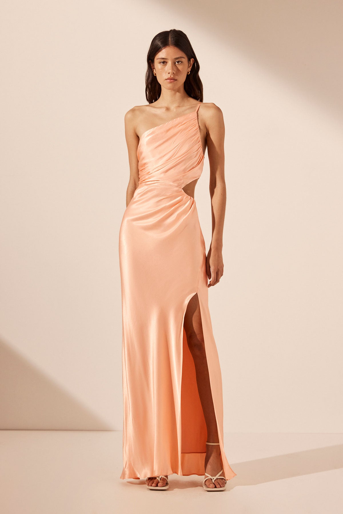 La Lune Asymmetrical Gathered Maxi Dress Peach Dresses Shona Joy