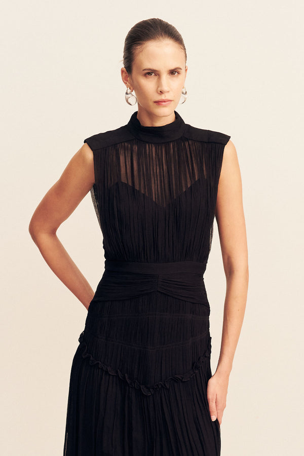 CLEMENCE HIGH NECK MIDI DRESS - BLACK