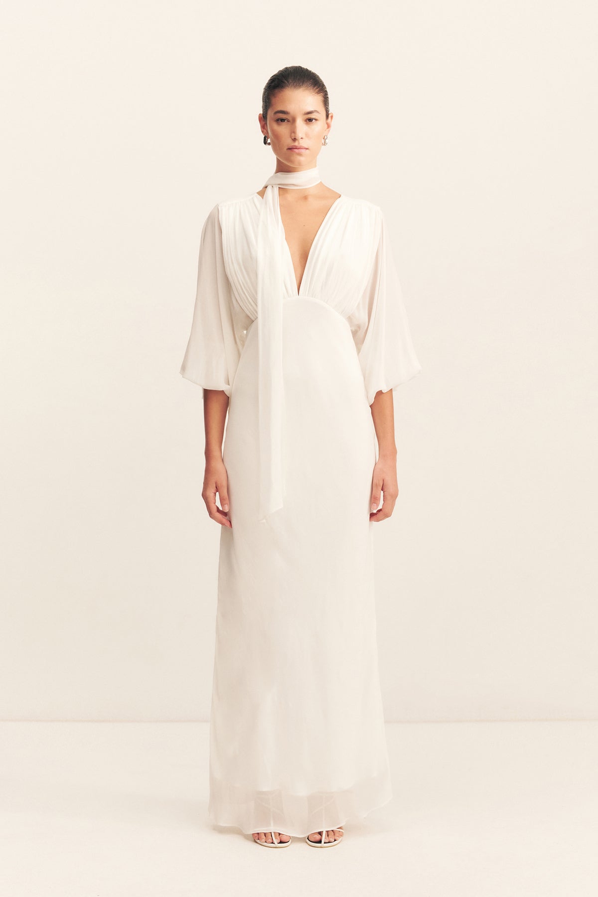 Lira Plunge Balloon Sleeve Maxi Dress | Ivory | Dresses | Shona Joy