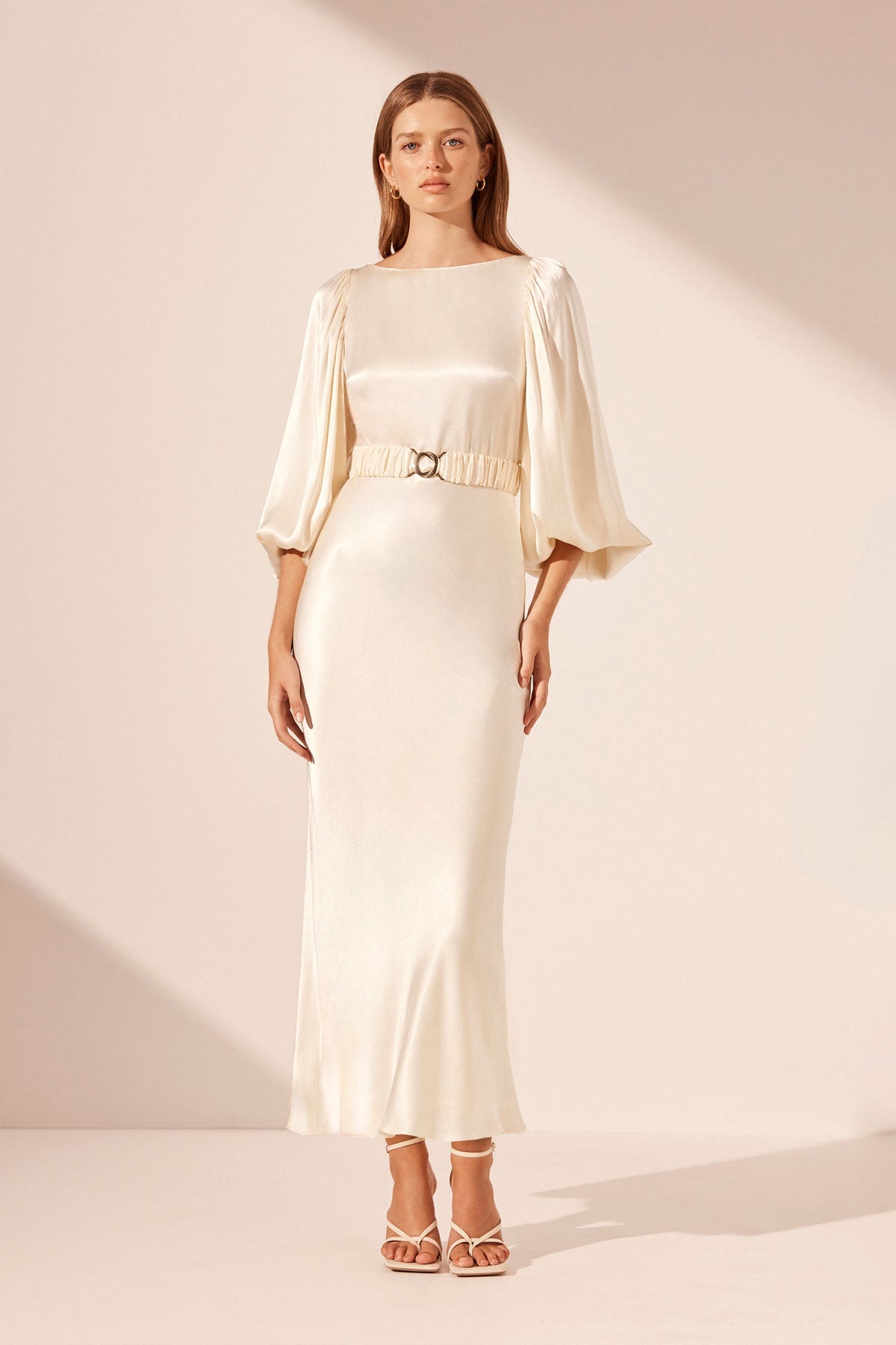 La Lune Balloon Sleeve Midi Dress with Belt | Cream | Dresses | Shona Joy La Lune Balloon Sleeve Midi Dress with Belt | Cream | Dresses | Shona Joy