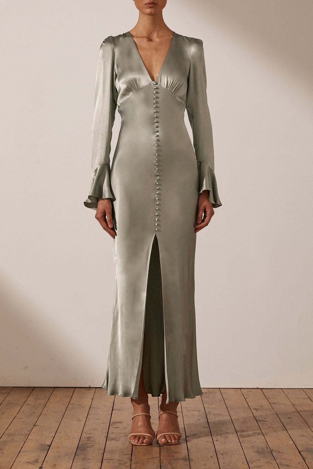 La Lune Frill Cuff Bias Midi Dress | Sage | Dresses