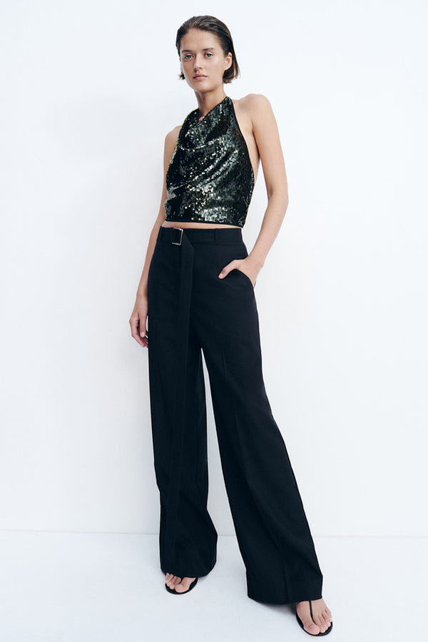 CASTRO WIDE LEG BELTED PANT - BLACK