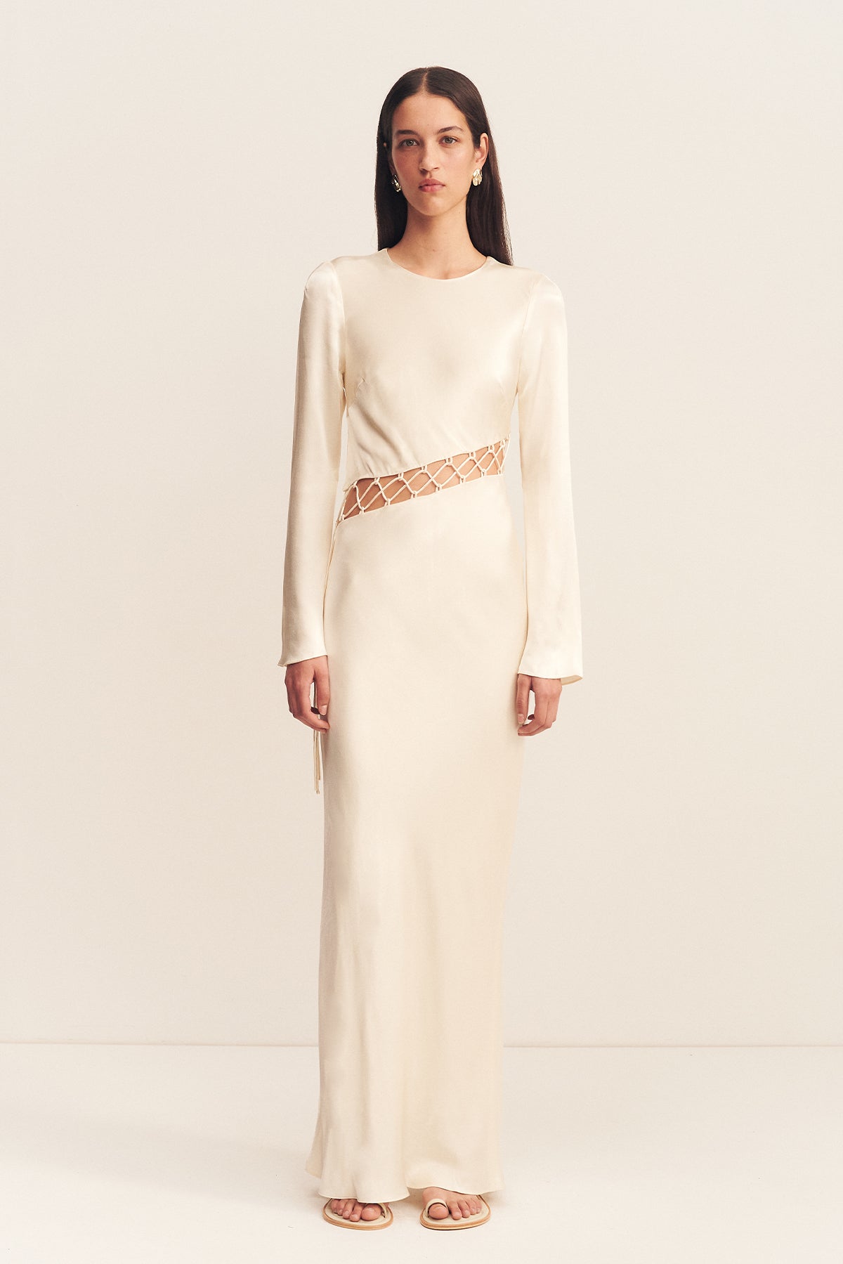 Arienzo Asymmetrical Lace Up Maxi Dress Cream Dresses Shona Joy