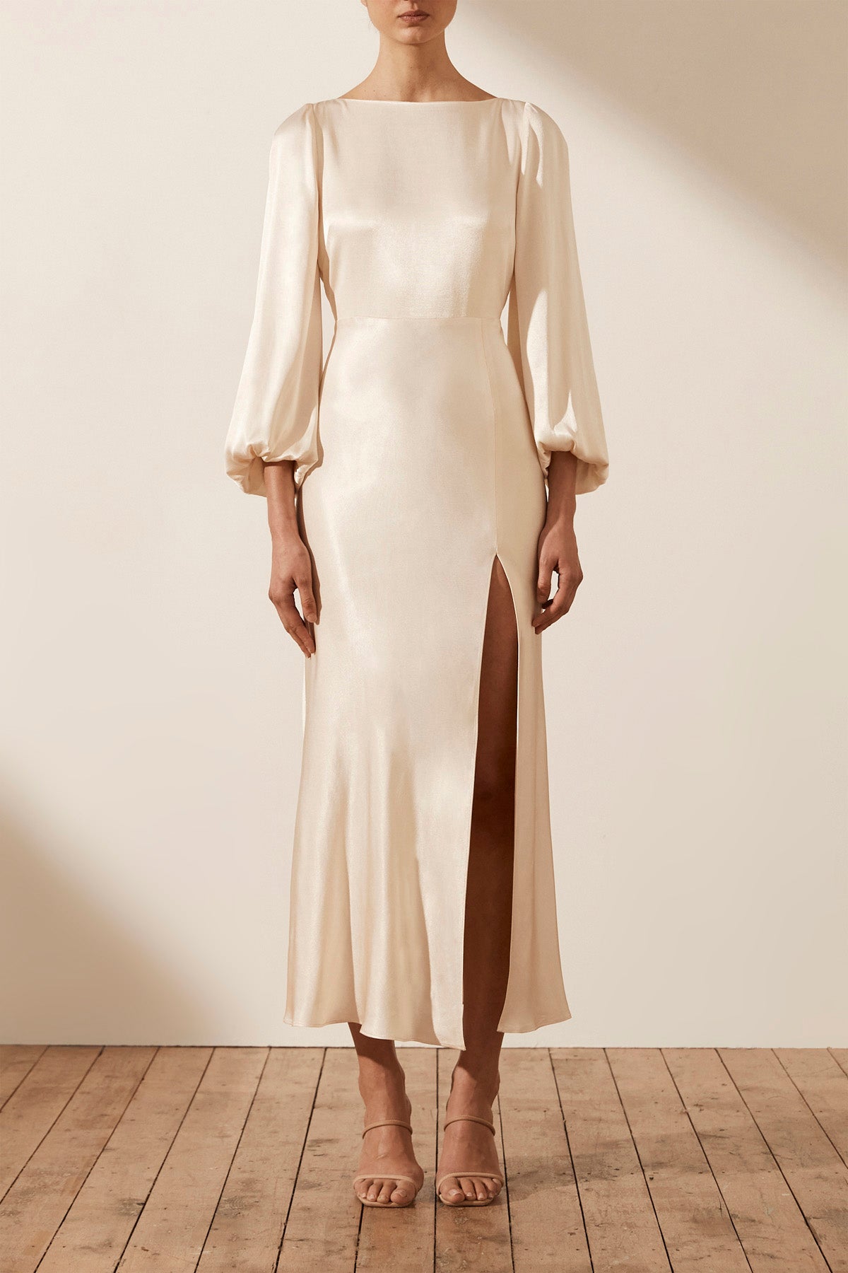 La Lune Balloon Sleeve Backless Midi Dress | Cream | Dresses | Shona Joy