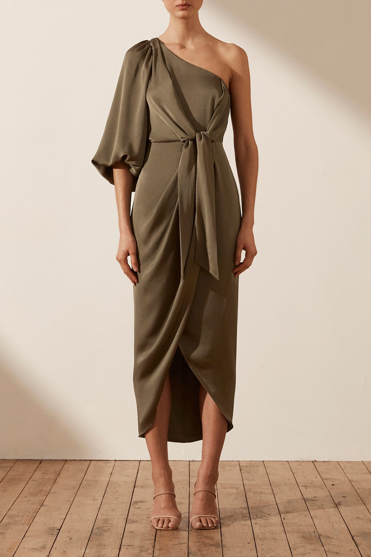 Luxe Tie Front One Shoulder Dress | Pine | Dresses