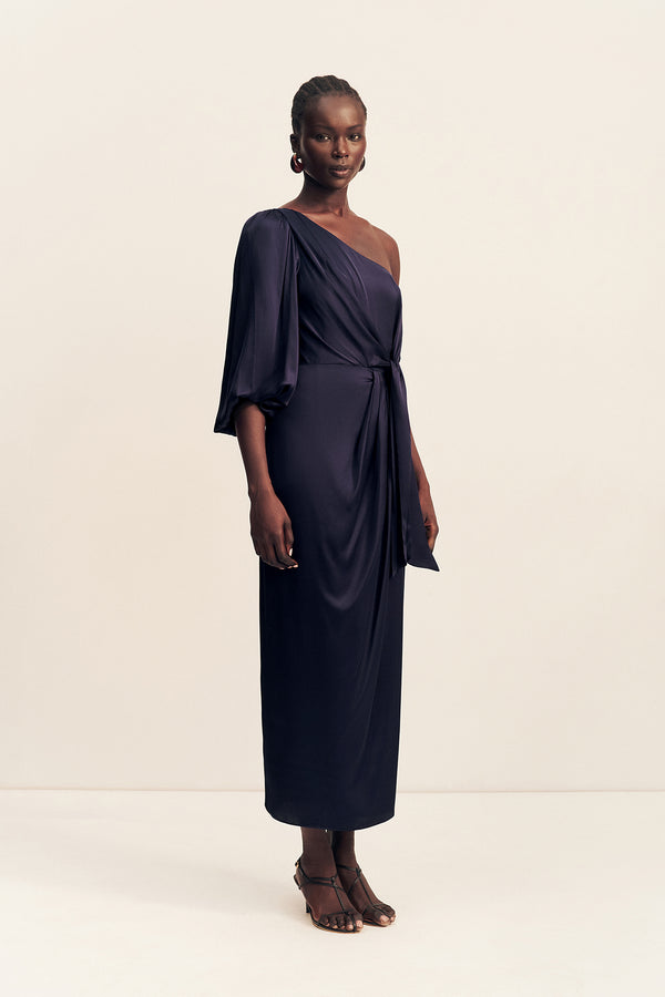 LUMIERE TIE FRONT ONE SHOULDER MIDI DRESS - NIGHT SKY