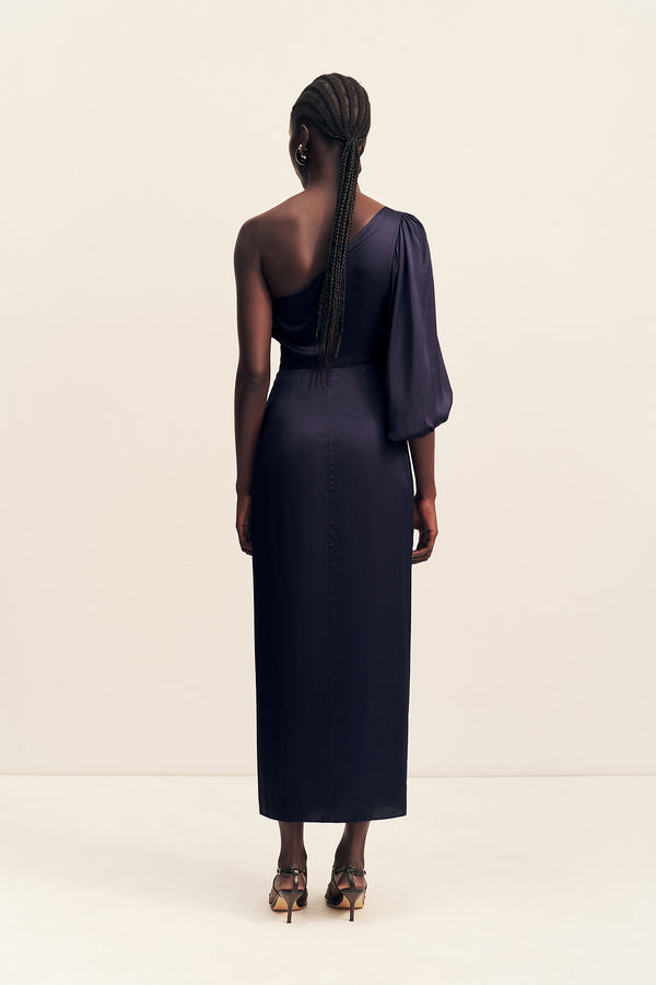 LUMIERE TIE FRONT ONE SHOULDER MIDI DRESS - NIGHT SKY