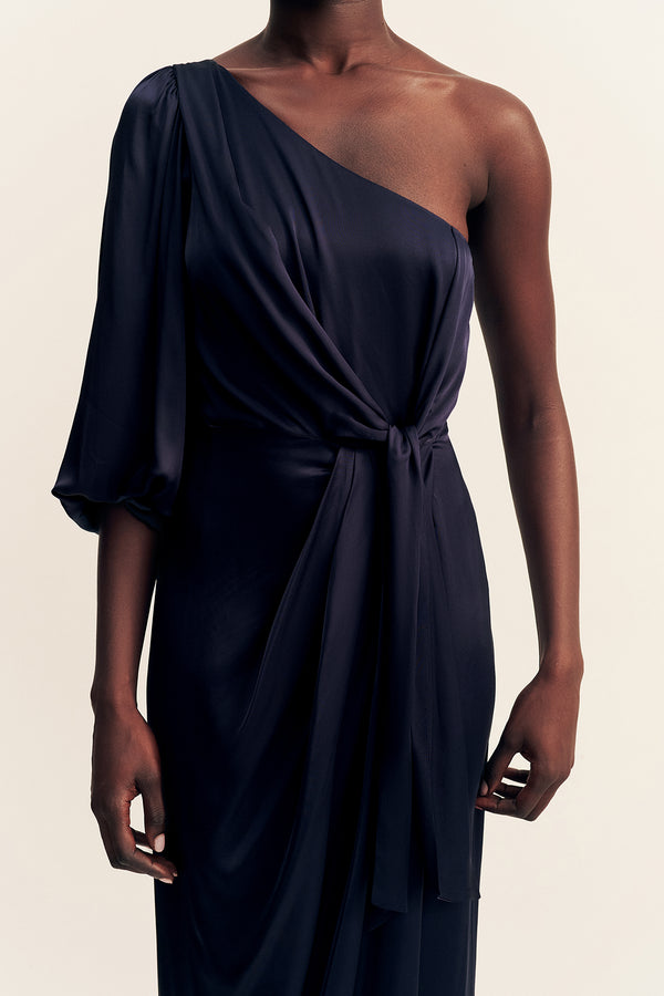 LUMIERE TIE FRONT ONE SHOULDER MIDI DRESS - NIGHT SKY
