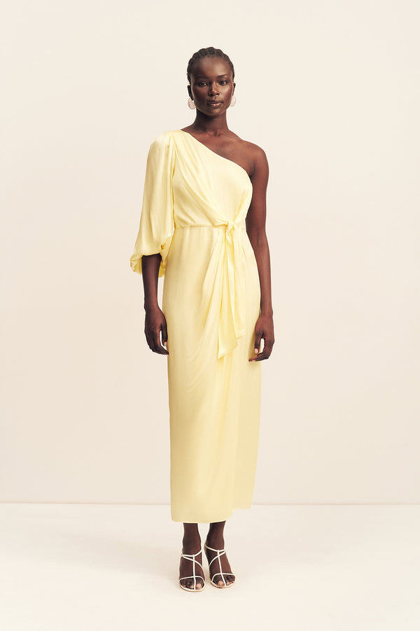 LUMIERE TIE FRONT ONE SHOULDER MIDI DRESS - GOLDEN HOUR_F