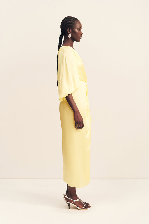 LUMIERE TIE FRONT ONE SHOULDER MIDI DRESS - GOLDEN HOUR