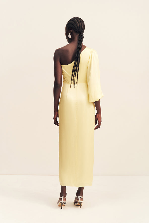 LUMIERE TIE FRONT ONE SHOULDER MIDI DRESS - GOLDEN HOUR