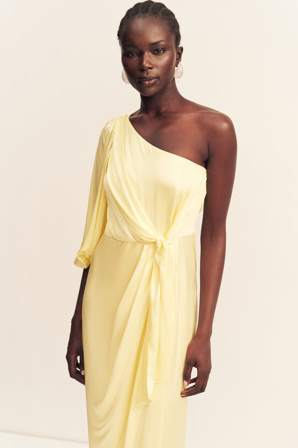 LUMIERE TIE FRONT ONE SHOULDER MIDI DRESS - GOLDEN HOUR