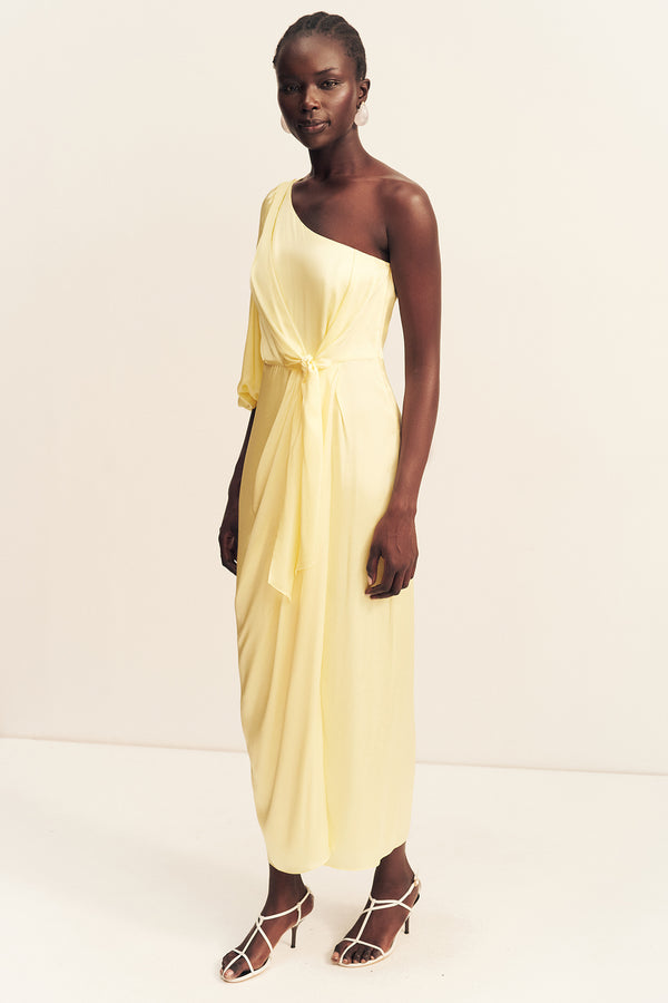 LUMIERE TIE FRONT ONE SHOULDER MIDI DRESS - GOLDEN HOUR