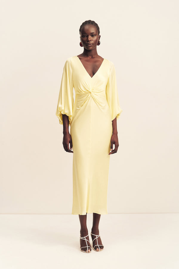 LUMIERE KNOT FRONT MIDI DRESS - GOLDEN HOUR_F