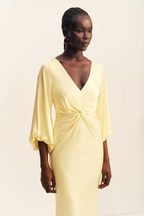 LUMIERE KNOT FRONT MIDI DRESS - GOLDEN HOUR
