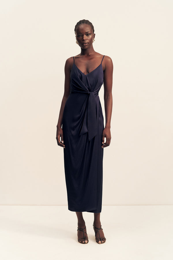 LUMIERE TIE FRONT MIDI DRESS - NIGHT SKY_F
