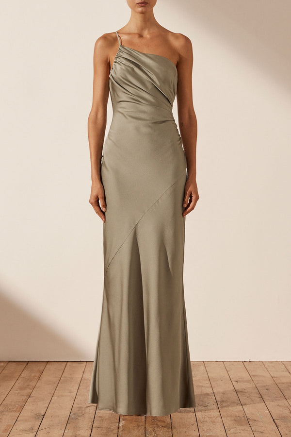 LUXE ASYMMETRICAL GATHERED MAXI DRESS - EUCALYPTUS_F