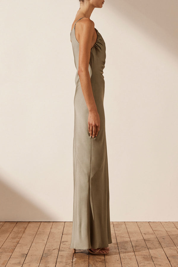 LUXE ASYMMETRICAL GATHERED MAXI DRESS - EUCALYPTUS_S
