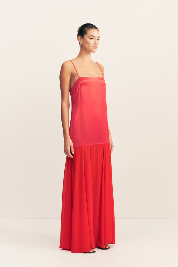 MORAYA DROPPED WAIST MAXI DRESS - CHILLI
