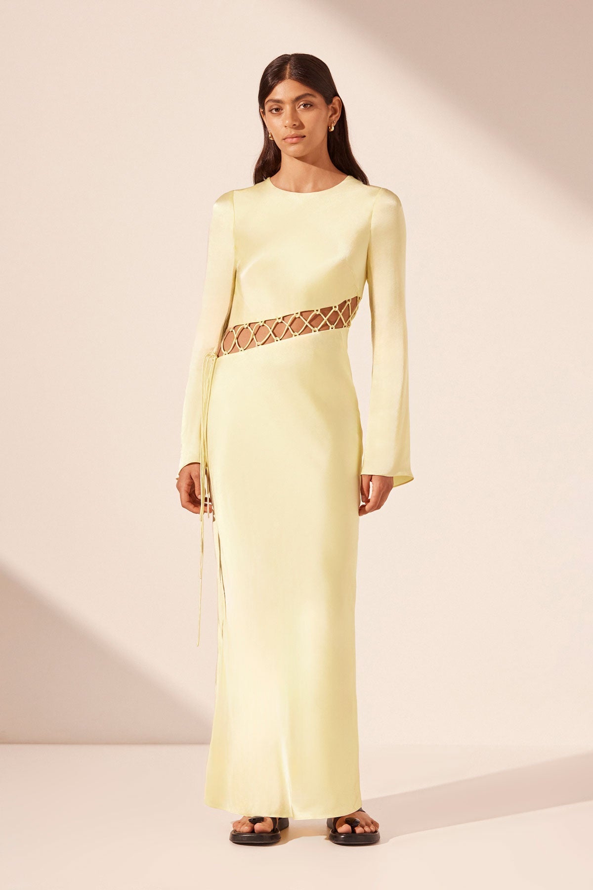 Lydie Asymmetrical Lace Up Maxi Dress Lemon Dresses Shona Joy