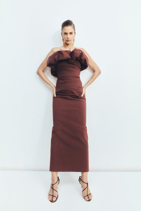 CAMPBELL STRAPLESS BUBBLE MAXI DRESS - ESPRESSO