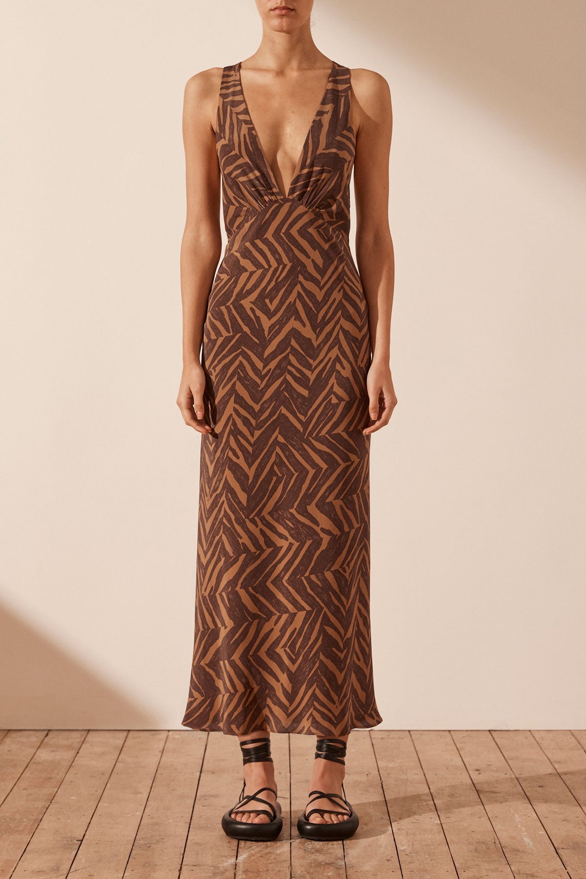 Alene Silk Plunged Cross Back Midi Dress Clove Caramel Dresses