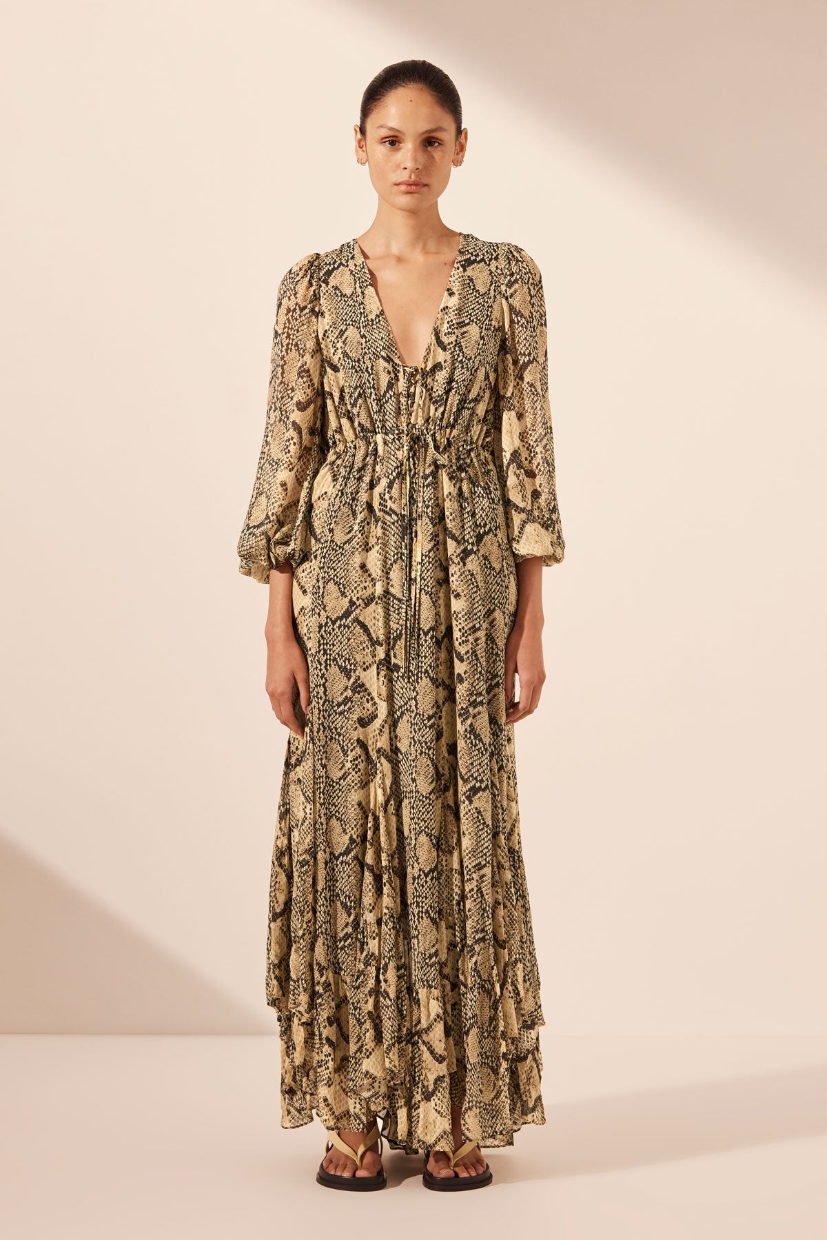 Hadiya Lace Front Drawstring Maxi Dress Almond Multi Dresses Shona Joy