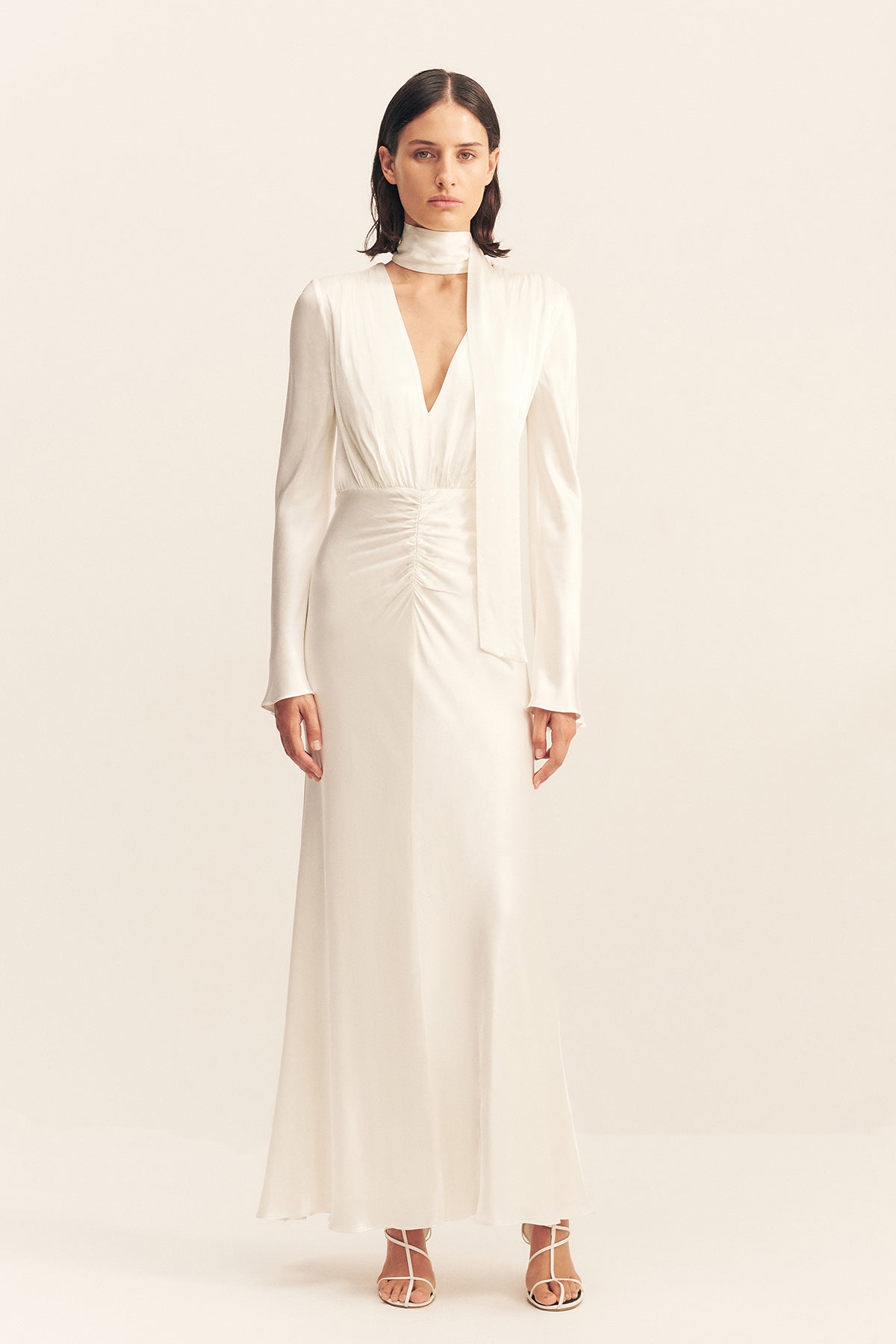 white long sleeve dress australia La Lune Plunged Long Sleeve Maxi Dress | White | Dresses