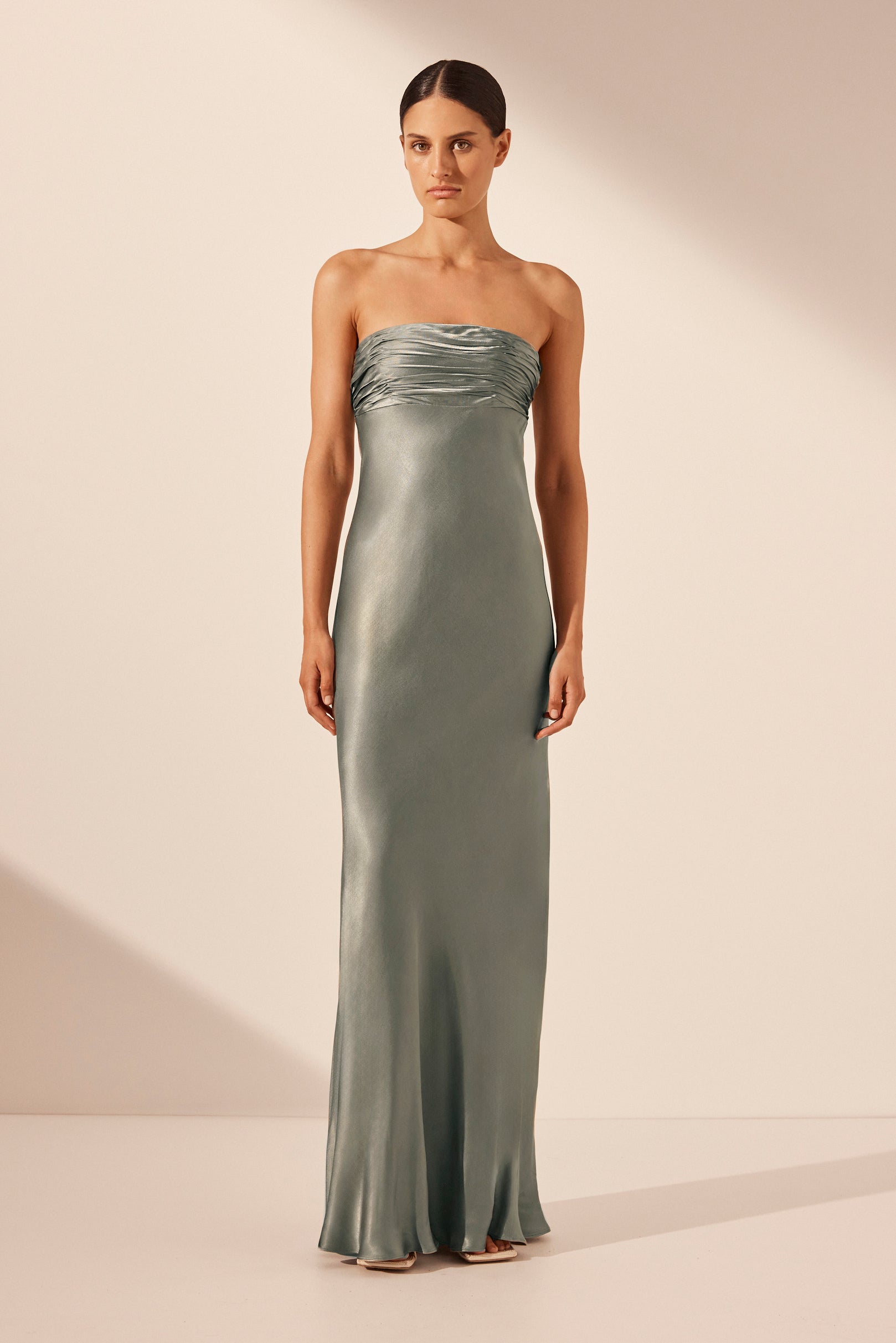 La Lune Strapless Ruched Bodice Maxi Dress | Sage | Dresses