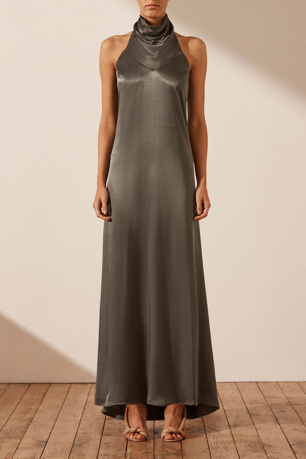 La Lune High Neck Cowl Maxi Dress Olive Dresses Shona Joy