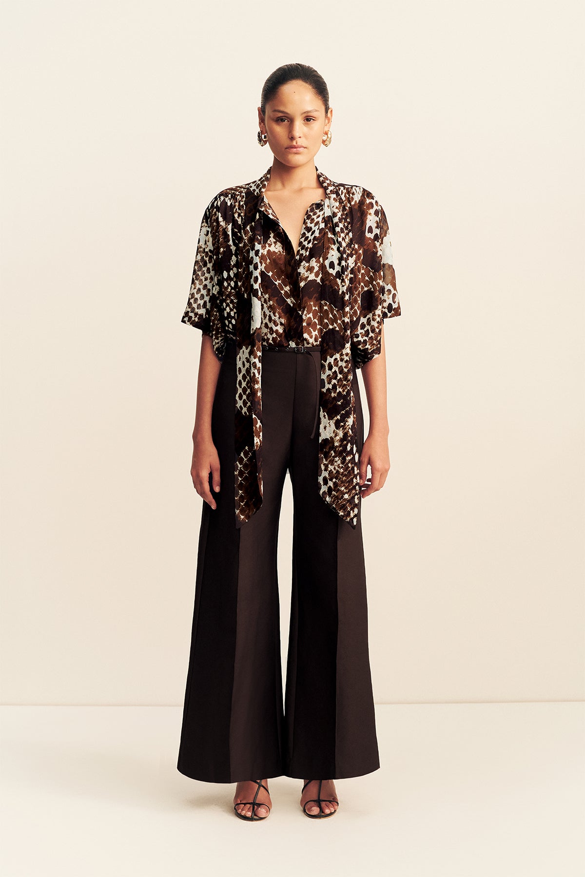 Maia Sheer Scarf Shirt With Tie | Ristretto/Arcadian Blue | Tops