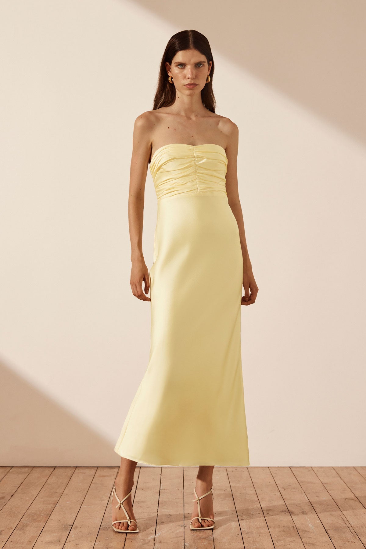 Luxe Strapless Ruched Bodice Midi Dress Lemon Dresses Shona Joy
