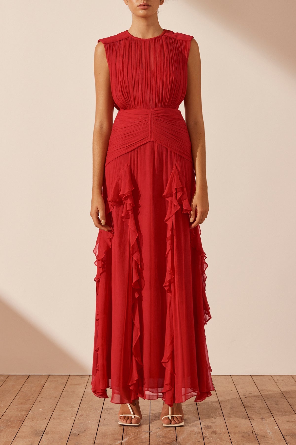 Sheer Ruffled Maxi Dress In Red  Maxi dress, Ruffled maxi dress
